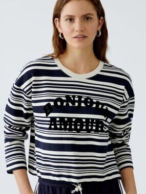 Oui WHITE Dark Navy BLUE STRIPE DRAWSTRING WAIST SWEATSHIRT